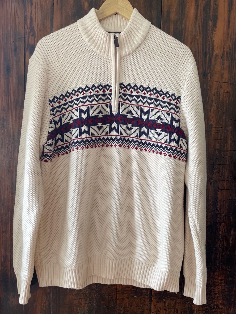 IZOD Men's Quarter Zip Sweater Cream Fair Isle Knit Pullover Geometric Size Lg